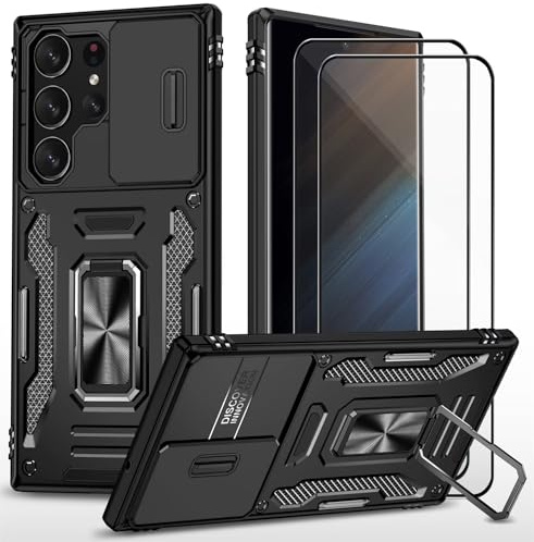 CLYDITE Coque pour Samsung Galaxy S25 Ultra étui avec 2 Verre Trempé Support magnétique Armure Robuste Antichoc Silicone avec Couvercle de caméra Coulissant Bumper-Noir