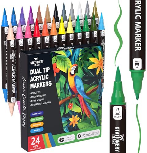 STATIONERY ISLAND Permanent Acrylic Paint Pens 24 Colours – Dual Tip Markers for Rock, Pumpkin, Stone, Glass, Ceramic, Wood & Fabric – Fine & Brush Tip Water Based Paint Pens for Halloween Crafts