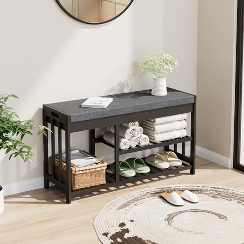 Shoe Rack Bench for Entryway, Bamboo Shoe Storage Bench with Cushion | Flip-Top Cushioned Seat with Hidden Storage | Mixed-Height Wooden Shoe Rack for Boots | Hallway, Bedroom & Front Door