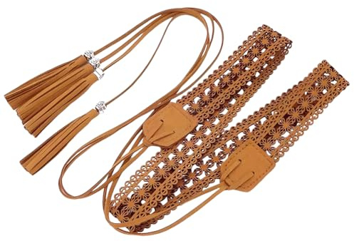 CALFOVERA 169 x 2,85 cm PU-läder boho flätat tofsbälte vintage bohemiskt ihåligt knutet midjeband