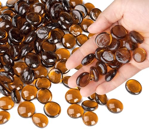 0.44 kg de billes de verre marron, perles de verre plates pour vases, cailloux pour la décoration d’aquarium, pierres de mancala, remplissage de vase (env. 85-100 pièces)