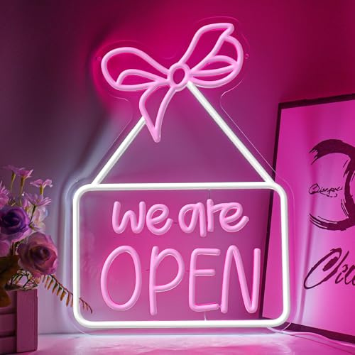 Flixyticy We are open Neon Signs, Pink Bow LED Hanging Light Sign USB Powered Dimmable for Florist, Boutique, Clothes Shop, Bookshop Door Window Decoration (We are OPEN)