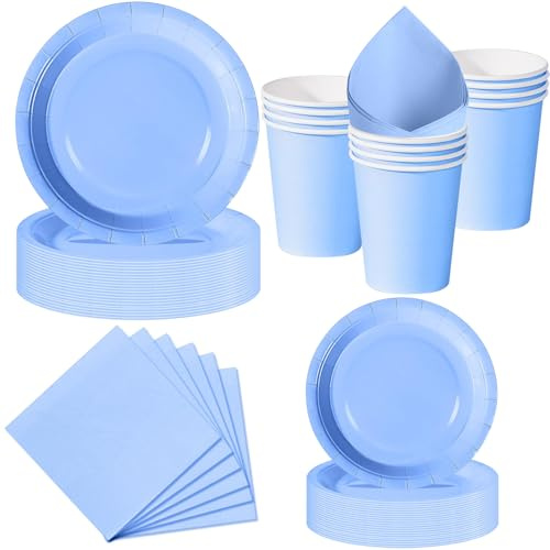 Nkaiso Platos y Vasos Desechables, 50 Piezas Azul Vajilla de Fiesta, 10x 23cm & 10 x 18cm Platos de Carton, 10 Vasos, 20 Servilletas - Para Cumpleaños Niño, Baby Shower -10 Invitados