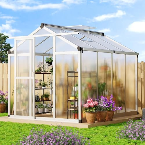 Invernadero de 6 x 8 pies, ventilación grande de policarbonato resistente, marco de aluminio y puerta con cerradura, para patio trasero, casas verdes para jardín exterior