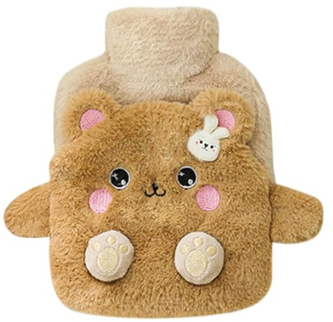 1 botella de agua caliente con tapa, bolsa de agua caliente de 400 ml con bonita funda de felpa para aliviar el dolor, calambres menstruales y calor invernal (oso)