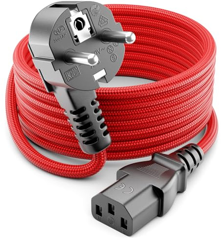 deleyCON 5m Cable de Alimentación IEC de Nylon Acodado 90 Grados - Conector Eléctrico con Toma de Tierra (Enchufe Tipo F a Conexión C13) para PC Ordenador Monitor Impresora Proyector - Rojo