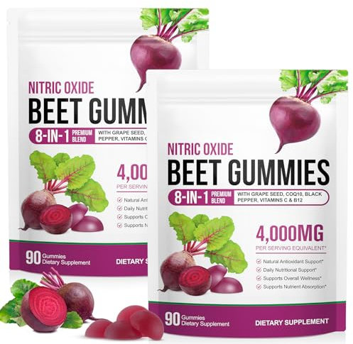 2 Pack Beet Root Gummies for Blood Pressure, Nitric Oxide Booster, Heart Health, Energy Level Suport | with CoQ10 & 20:1 Beet Root Extract, Grapeseed Extract, Vitamin B12/C, Sugar-Free | 90 Chews