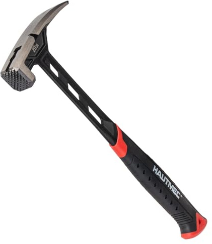 HAUTMEC 20oz Framing Hammer, One-Piece Forged Steel Anti-Vibration Straight Rip Claw Hammer with Milled Face, Side Nail Puller & Magnetic Nail Starter for Framing & Demolition, 1070102