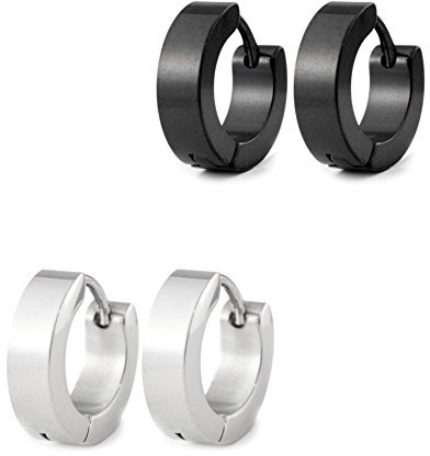 schmuxxi® 2er Set Creolen Ohrringe Klappcreolen I Edelstahl schwarz-matt & silber I hochwertig und modern I Schmuck Set für Damen und Herren
