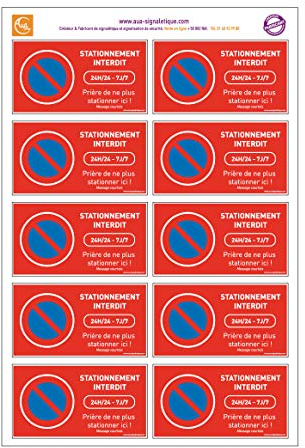 AUA SIGNALETIQUE - Lot de 4 Planches de 10 Autocollants - Stationnement Interdit - vitre Voiture -95x50 mm - Autocollant Normal - Message courtois