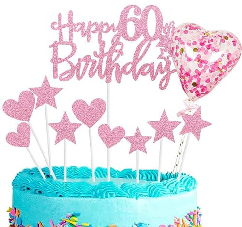 11pcs Pink Happy 60th Birthday Cake Toppers,Personalised Cake Topper for Man&Woman,60th Birthday Cake Decorations Glitter Cupcake Toppers Cake Toppers Kits 5 Star 4 Heart with Balloon