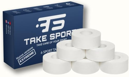 TAKE SPORT, NOVITÀ! Tape sportivo, Tape dita crossfit, Nastro bendaggi sportivi. Sport tape, 6-12 rotoli cerotti sportivi 2,5 x 10m, 100% Cotone, Bordo Zig Zag, Non elastico. Bianco (RAYON, 6)