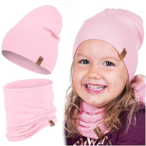 HEYO Kinder Set Beanie Mütze Schlauchschal Baumwolle Rundschal weich Mädchen Jungen Herbst Frühling Frühlingsset Herbstset (Rosa)