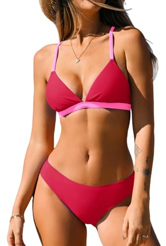 CUPSHE Bikiniset för kvinnor, tvådelad baddräkt med V-ringning, låg midja, korsade band i ryggen och spaghettiband som knyts bak, Röd/Rosa, XL