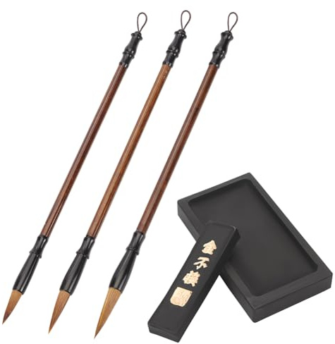PH PandaHall Calligraphy Ink Stone Chinese Traditional Inkstone Brush Set Calligraphy Ink Grinding Ink Dish Ink Well Ink Tray Oriental Brush Ink Stone with 3pcs Brush for Practice Painting