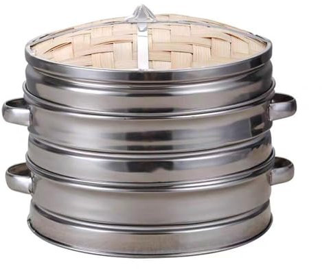 Steam cooker bamboo, Steamer Set - Stainless Steel 2 Level Basket with Lid, With Handmade Bamboo Steamer- Perfect for Household & Commercial Use