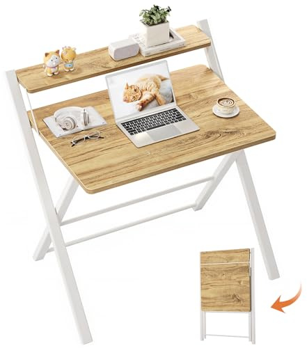 GreenForest Platsbesparande Litet Hopfällbart Skrivbord med Hylla, Robust Kontorsbord, för Bärbara Datorer, Redo att Användas utan Montering, Beige