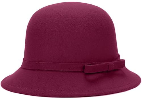 LXOrdora Cappello a bombetta da donna Fedora anni '20, in feltro, a cloche, con fiocco, Rosso vinaccia, Taglia unica