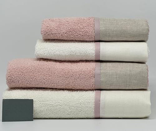 Mahome Set Asciugamani 4 Pezzi 450 Gr/m² 100% Cotone Italiano Artigianale con Balza in Lino | Set 2 Viso + 2 Ospite Morbidi Soffici Made in Italy (Rosa Antico Balza Lino)