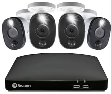 Swann Home/Business Wired DVR, 1080p Full HD Security Camera System, 8 Channels, 4 Cameras Indoor/Outdoor, 1TB HDD Storage, Color Night Vision, Sensor Spotlights, 24/7 Recording