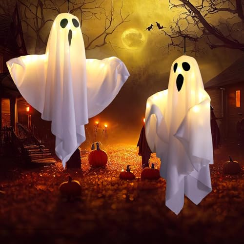 Aitsite 2 Stück Halloween Hängende Geister Deko mit Warmweiß LED (3 Modi), Niedliche Horror Indoor & Outdoor Hängegeister für Vorgarten Fenster Terrasse Garten Außendekoration