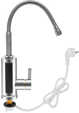 Grifo eléctrico con calentador de agua, 3000 W, acero inoxidable, grifo de agua caliente instantánea con indicador de temperatura LED y giratorio 360° para cocina, baño, jardín, caravana, 220 V, IPX4