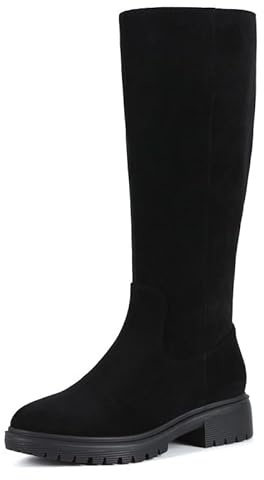 ZJA Knee High Boots Women Platform Round Toe Low Suede Flat Heel Fall Riding Fashion Tall Boots Wide Calf Clearance Long Boots Black Size 9