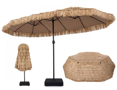 COSTWAY Ombrellone da Giardino Doppio in Paglia, 450 x 270 cm | con 12 Stecche, Base, Manovella, Antivento, Pieghevole Portatile, Ombrellone Hawaiano per Giardino, Cortile e Piscina