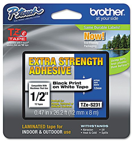 Brother TZe-S231 P-touch Schriftband (12 mm, extra-stark klebend, 8 m lang, laminiert, u.a. für Brother P-touch PT-H105, -E100/VP, -D200/BW/VP, -D210/VP) schwarz auf weiß