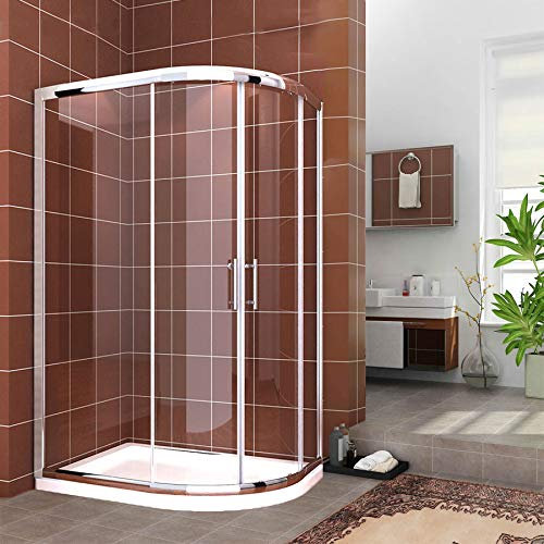 ELEGANT 900 x 800 mm Right Offset Quadrant Shower Cubicle Enclosure Sliding Door 6mm Easy Clean Glass with Stone Tray & Waste Trap