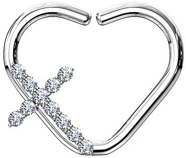 Piercingfaktor Continuous Ring Ohr-Piercing Herz mit Zirkonia Kreuz Glitzer Kristall Fake Hoop Clip On Septum Tragus Helix Nase Lippe Nasenring Nasenpiercing rechts Silber
