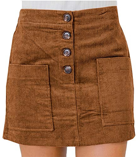 Susupeng Women High Waist Soft Faux Suede Button Down Skirt Slim Back Zip Side Pocket Mini Skirts (X-Large, Corduroy Brown)