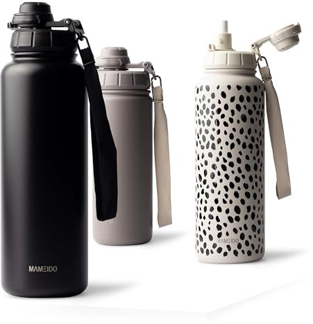 MAMEIDO Thermosflasche mit Strohhalm 1,2l, auslaufsichere Trinkflasche Edelstahl isoliert, Wasserflasche BPA-frei mit Trageschlaufe, Water Bottle Sport (Rich Black, 1200ml)