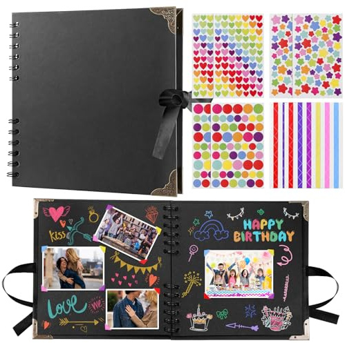 GWHOLE Scrapbook Photo Album 21 * 21cm 60 Kraft Papers Memories Book Photo Albums with 8 Sheets Stickers for Baby Family Couples Wedding Travel Memory Book (Black)