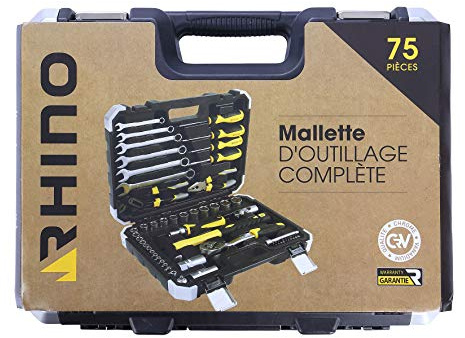 Rhino - Werkzeugset - Werkzeugkoffer 75-teilig - Werkzeugkoffer Schlüssel, Zangen, Schraubendreher, Cutter, Ratschenschlüssel, Stecknüsse, Hammer, Schrauberbits - Chrom Vanadium - 5 Jahre Garantie