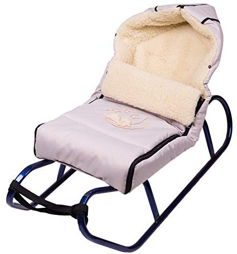 Holzschlitten Kinderschlitten aus Buchenholz Rückenlehne inkl. Zugseil + Winterfußsack Schlittensack 40 x 90 cm Fußsack Schlitten Kinderwagen (Taubengrau)