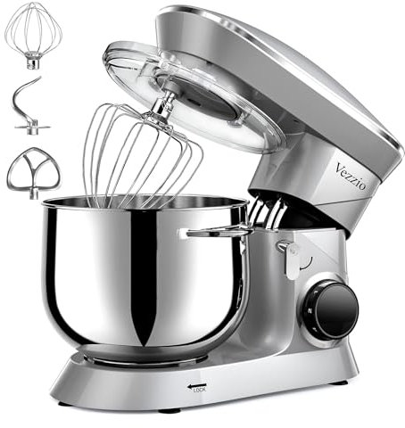 Impastatrice Planetaria Vezzio Impastatrice Elettrico 1500W Robot da Cucina 10 Velocità con 8.5 Litri Ciotola di Acciaio Inossidabile,Sbattitore Frusta, Gancio per Impastare (Argento)