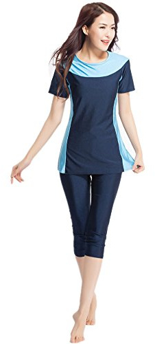 Swimwear for Ladies Short-Sleeved Hakama Split Swimsuit (Navy Blue, XL)