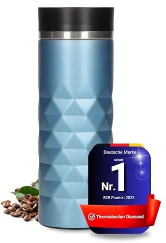 Elasto Premium Edelstahl Thermobecher mit Push-Button I 450 ml I auslaufsicherer Verschluss I heiß & kalt I BPA-frei I Thermo Kaffeebecher to go Diamond I matt glitzernd I Aquamarin Blau