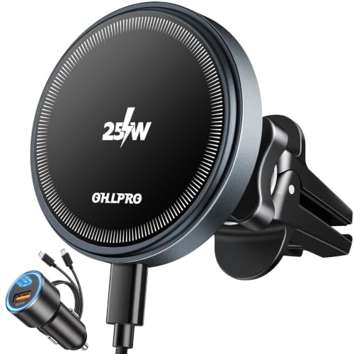 OHLPRO 25W MagSafe Autohalterung mit Ladefunktion, Magnetische Ladegerät Auto für iPhone 17/16 Pro Max Plus Pro Air, Lüftungshalterung mit 63W USB-C Kfz-Adapter, 360 Grad drehbar