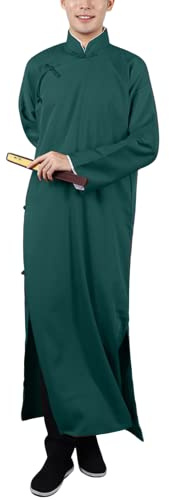 Moonetto Mens Cotton Linen Kung Fu Robe Chinese Martial Arts Uniform Tai Chi Long Suit Button Shirt Coat Robe Outfit(0245-DarkGreen-XL)