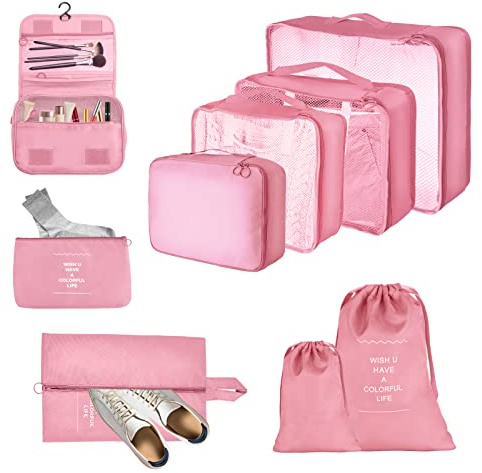JOPHEK Reise Koffer Organizer Set 9-Teiliger Packing Cube, Multifunktionale Wasserdichte Kompressionswürfel, Rosa