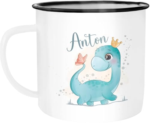 SpecialMe® Kinder-Tasse Emaille Dino Dinosaurier Schmetterling personalisierte Tasse mit Name individuelle Geschenke Emaille-weiss-schwarz standard