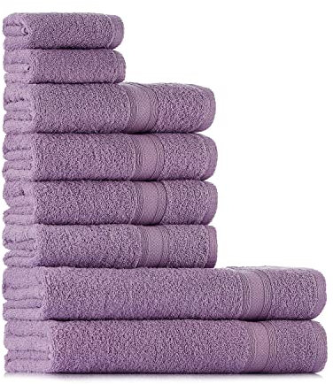 Tuiste Juego de 8 toallas lila violeta, 100 % algodón, 2 toallas de baño de 70 x 140 cm, 4 de mano de 50 x 90 cm y 2 de invitados de 30 x 50 cm, suaves y absorbentes; color lavanda