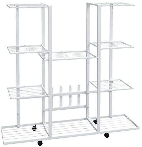Yolola Portafiori con Ruote, Supporto per Piante, Portapiante Portafiori, Portafiori da Interno, Scaffale per Fioriera, 94,5x24,5x91,5 cm Ferro Bianco