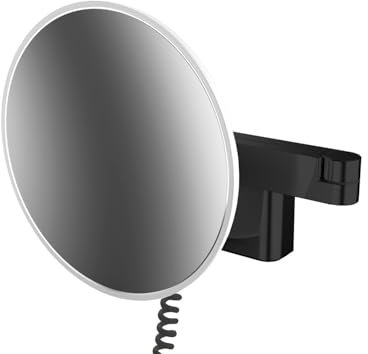 Emco LED Rasier- und Kosmetikspiegel, Wandmodell, Doppelgelenkarm, Vergrößerung 3-Fach, rund, Spiralkabel und Stecker, 109513341, Farbe: Schwarz