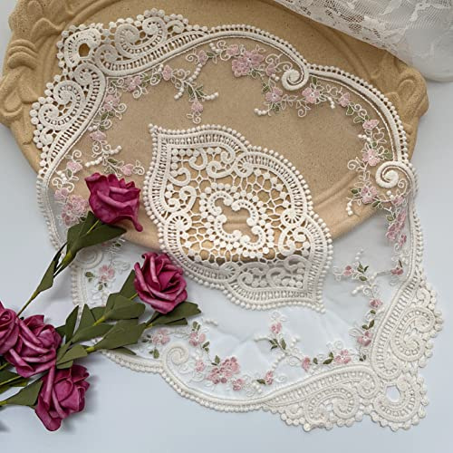 2pack Vintage Oval Lace Table Placemats, Exquisite Flower Cotton Embroidered Doilies vase mat, 12 X 18 Inch (Off-White)