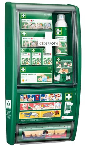 CEDERROTH Erste-Hilfe-Station First Aid, mit Füllung, grün, 29 x 12 x 56 cm aus Kunststoff, Art.-Nr. 51011026 | Erste Hilfe Schrank | Verbandsschrank | Sanitätswandschrank