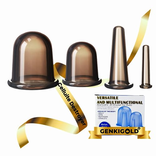 Genkigold Ensemble de Thérapie par Ventouses en Silicone - 4 Tasses, Différentes Tailles - Puissance D'aspiration Experte pour Traitement Efficace de la Cellulite - Votre Anti-cellulite Ultime