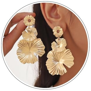 Wendalern Gold Blume Blütenblatt Baumeln Ohrringe Lange Lotusblüte Quaste Ohrringe Übertreiben Große Florale Ohrstecker Metall Textur Blume Aussage Ohrringe Brautschmuck Für Frauen Und Mädchen